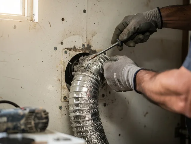 Claremont Dryer Vent Cleaning technician performing precise dryer vent hose installation in Claremont
